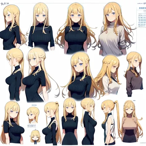 Character design sheet、Character Reference Sheet, One Woman、Blonde Hair、long hair、Hair between the eyes、Blue Eyes、Turtleneck sweater、Big Breasts、Smiling、White background、