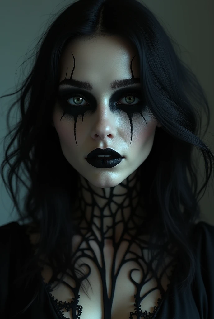 a beautiful young woman with long black hair, black dress, dark fantasy character, evil character, heavy black makeup, black lipstick, black veins, slitted pupils, masterfully detailed face, cinematic lighting, highly detailed, hyper realistic, octane rend...