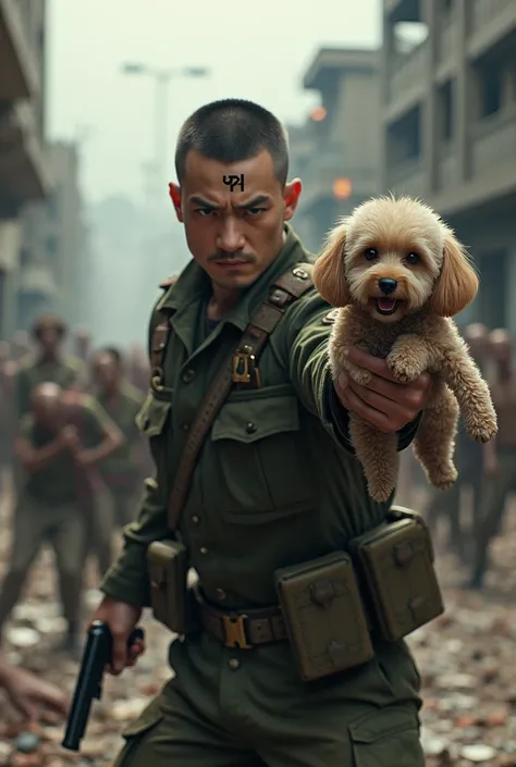 Fighting zombies. Korean soldier. He is holding a mini poodle in his left hand.. He is holding a pistol in his right hand and shooting straight ahead.. Short hair and KZT written on forehead.