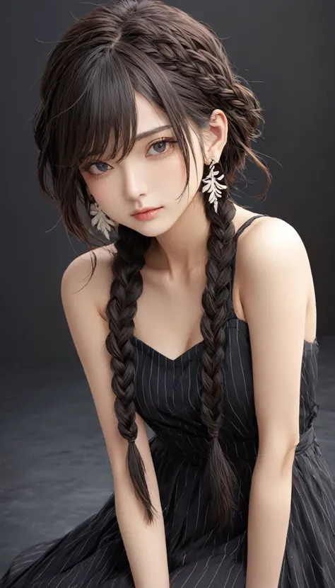 (masterpiece, highest quality:1.2), one girl, alone,bony body、、fishbone braid hair、earrings