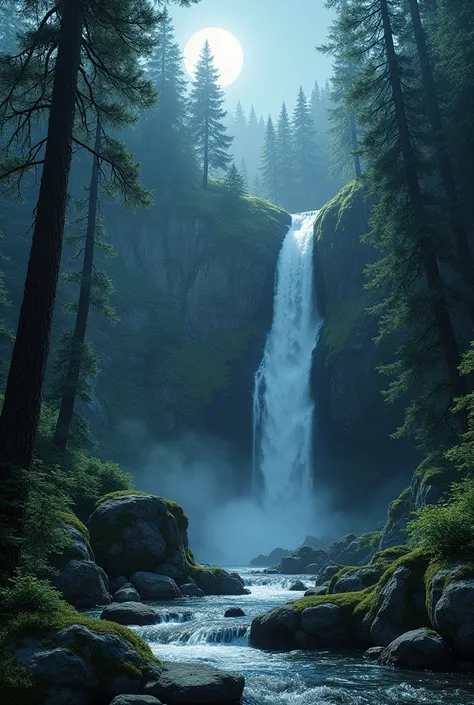 Realistic wilderness landscape image with many trees and rocks accompanied by a waterfall at night 