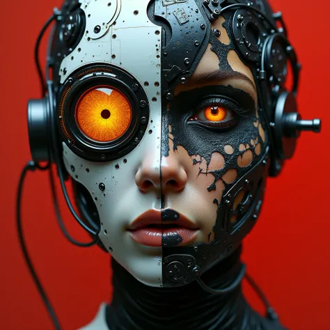 The face of a futuristic cyborg fills the frame, Divided by the metallic-organic dichotomy. Metal half: The gears are buzzing, The wires are twisting, Mechanical parts click. Organic half: Black tattoos ink swirl, The symbols blend seamlessly with the meta...