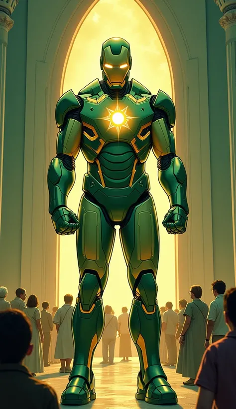 Illustrate Bahaïs "Unity iron man  Suit" with a green and gold color scheme, featuring a nine-pointed star arc reactor, and "Global Connection" glowing on its chest, surrounded by a global map and symbols of unity, standing amidst a backdrop of a Bahai tem...