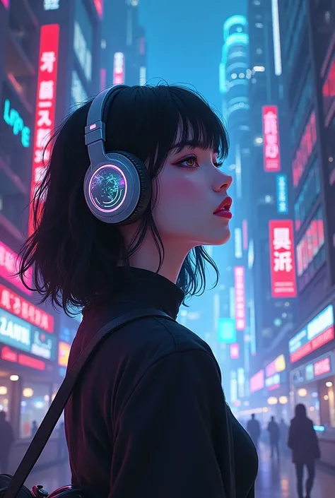 A woman listening music in cyperpunk anime world with music