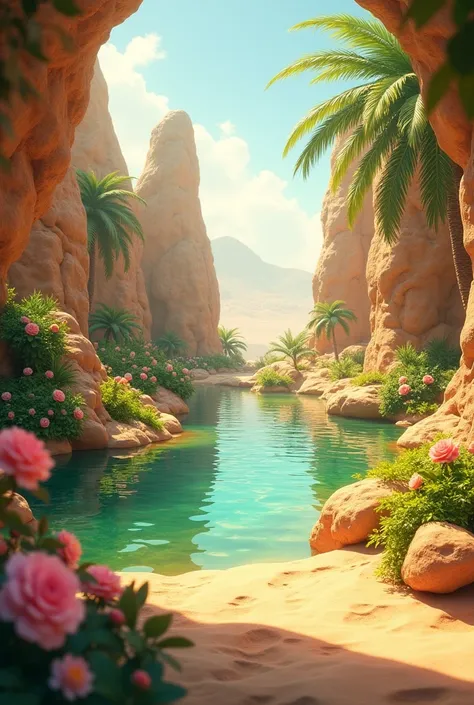 An oasis quietly appears in the desert. A few flowers and fruits grow, gently welcoming those wandering through the desert. A delicate touch in the style of digital animation gives it a luxurious feel.