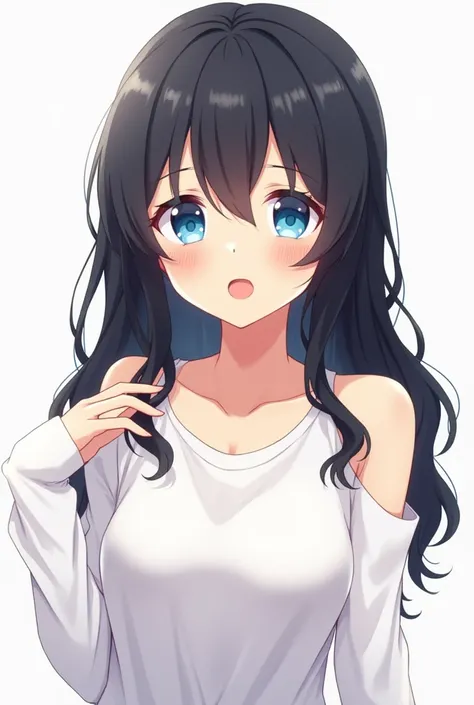 Anime girl , blue eyes , friendly eye , black hair , long wavy hair , white open shoulder t-shirt , blank long sleeves t shirt