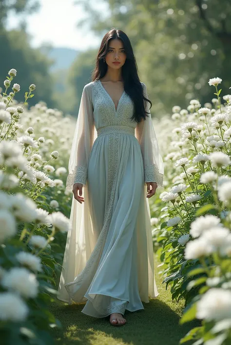 a graceful black-haired woman walking in a garden of white flowers, wearing cool stylish zahra,, facing the camera