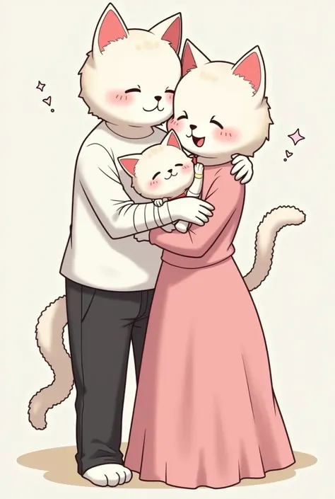 A white cat in human body wearing a black pant bandage on his right hand with his wife a white female cat in human body wearing a pink gown eith white kitty in his hand smile hugging each other 