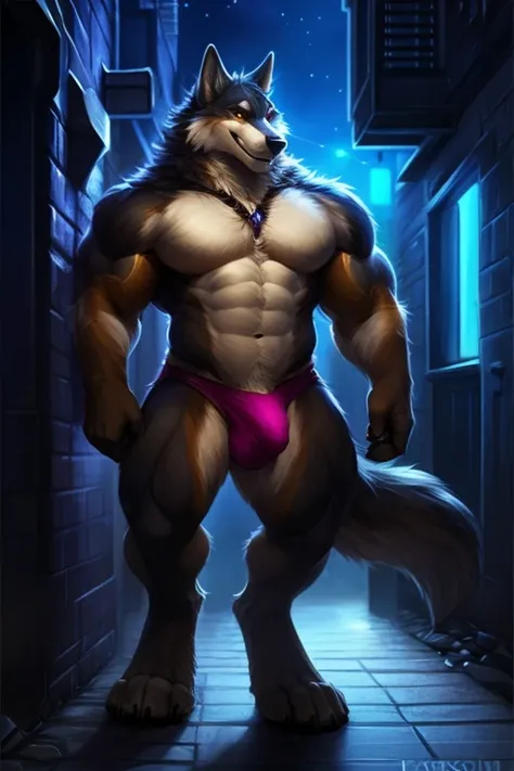 4k, high resolution, best quality, perfect lighting, solo, anthro, wolf, furry body, male, adult, (bulky, thick muscles:1.25), (biceps, broad pecs, broad shoulders:1.1), (thick legs, thick calves:1.1), (digitigrade legs, 4 toes:1.2), loincloth, (bulge, ere...