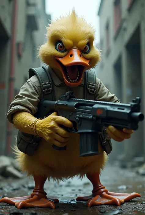 A brutal duck holding a gun
