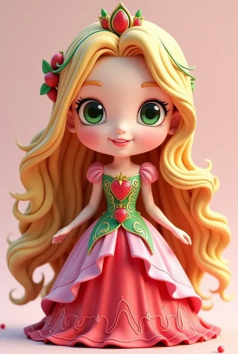 C4d model,chibi-style , Princess Rira, inspired by strawberries and Rapunzel. Princess Rira wears a vibrant gown in shades of red and green, reminiscent of a strawberry’s colors. The bodice of the gown is adorned with intricate strawberry patterns and gree...