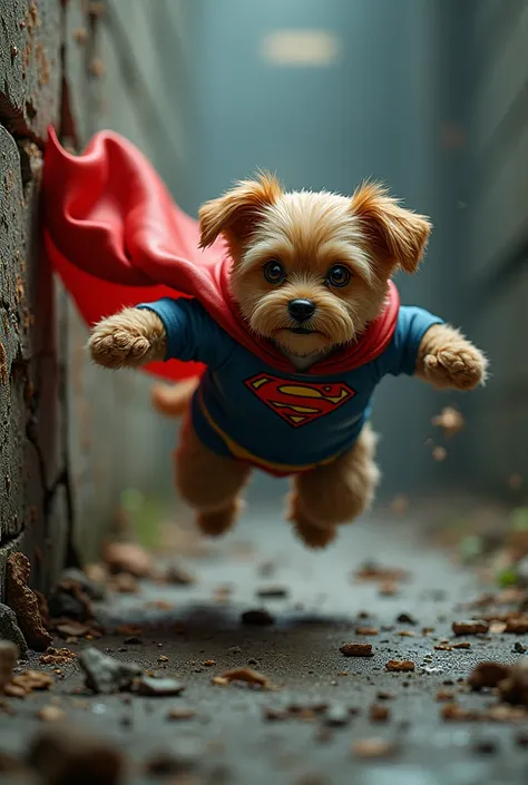 Superhero little dog, hit the wall until it cracks