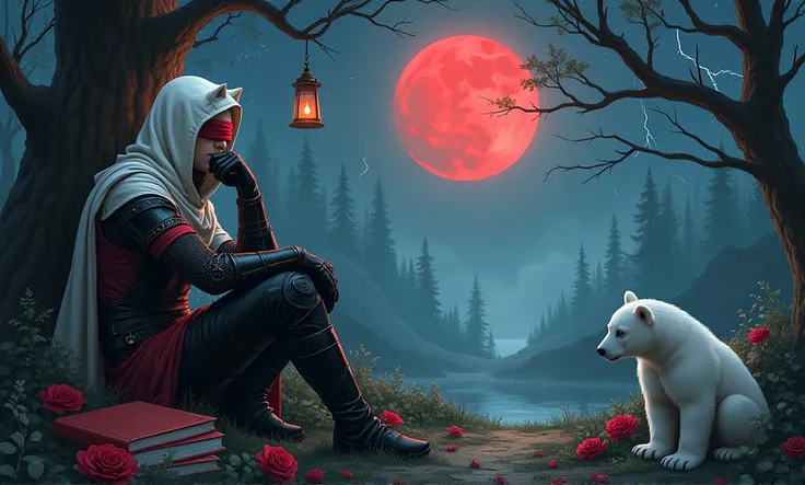 Male knight with a white hood with polar bear ears and a sword behind his back sits towards a baby polar bear in a forest his head leans against a tree his legs are angled forward while the moon shines, many Roses cover the ground and lightning falls from ...