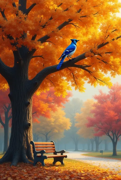 .A tree full of golden leaves in autumn, with a blue jay perched prominently on a branch. The background features a park setting with more trees in shades of red, orange, and yellow. Fallen leaves cover the ground, and a small wooden bench sits under the t...