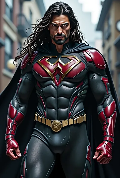 A superhero wearing dark red and black costume and W logo on his chest and black long court 