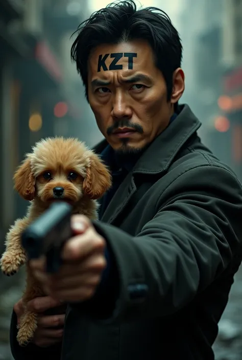 Won Bin in the movie The Man from Nowhere. He is holding a mini poodle in his left hand and a pistol in his right hand, shooting straight ahead.. I have a tattoo on my head that says KZT.