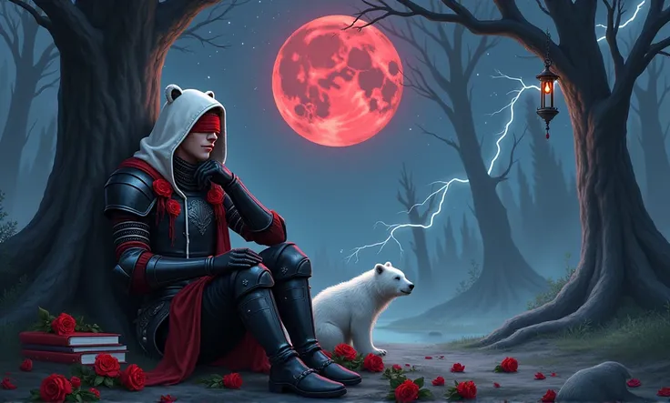 Male knight with a white hood with polar bear ears and a sword behind his back sits towards a baby polar bear in a forest his head leans against a tree his legs are angled forward while the moon shines, many Roses cover the ground and lightning falls from ...