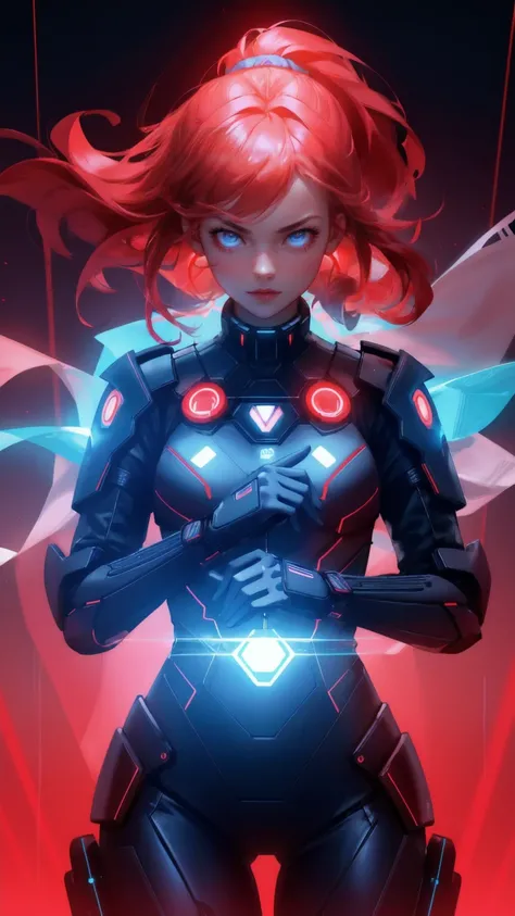 Visualize an image of a dynamic young woman wearing a cutting-edge cybernetic suit illuminated with bright red and blue lights, showcasing her strength and focus in the digital financial world. She stands against an intense red backdrop, filled with digita...