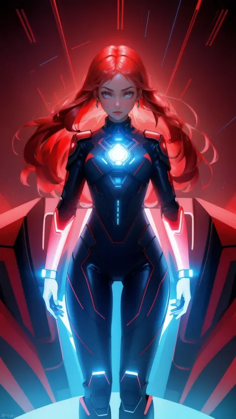 Visualize an image of a dynamic young woman wearing a cutting-edge cybernetic suit illuminated with bright red and blue lights, showcasing her strength and focus in the digital financial world. She stands against an intense red backdrop, filled with digita...