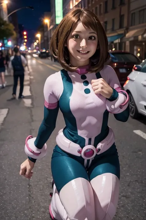 hyper realistic, cowboy shot, 1girl, ((levitating)), smile, teen, hands on fist, beautiful face, perfect, white skin, masterpiece, best quality, highres, short hair, modeling, natural pose, ochako, brown hair, on the city, superhero, bodysuit, boots, Class...