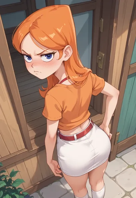 candace flynn, orange hair, by the wide, annoyed, flushed, in the yard of your house, orange blouse, white skirt, pink pants, wh...