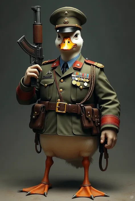 A duck holding a gun and wearing a brutal military uniform.

