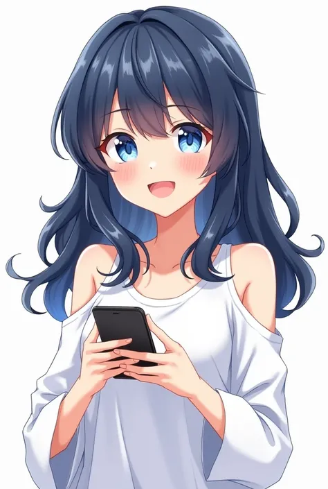 Anime girl , blue eyes , friendly eye , dark blue hair , long wavy hair , white open shoulder t-shirt , blank long sleeves t shirt , using phone