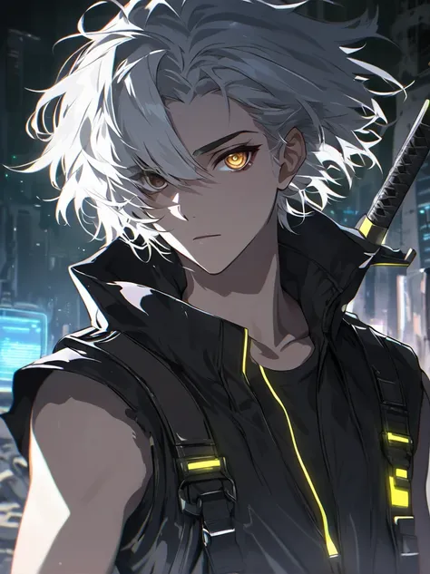 (best quality),(masterpiece, sidelighting, finely detailed beautiful eyes:1.2),(1man),(solo),delicate portrait,ultra-detailed,one glowing right eye,shiny hair,lustrous skin,(grey white hair:1,5),short hair,(brown eyes:1.3),black windbreaker,sleeveless,tall...