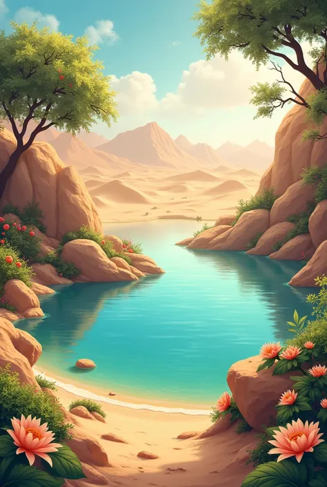 A quiet oasis in the desert with a beautiful lake at its center、There are a few flowers blooming around it、There are fruits on the tree。
I feel a sense of tolerance that warmly welcomes those wandering the desert.。It&#39;s like a gentle light is shining in...