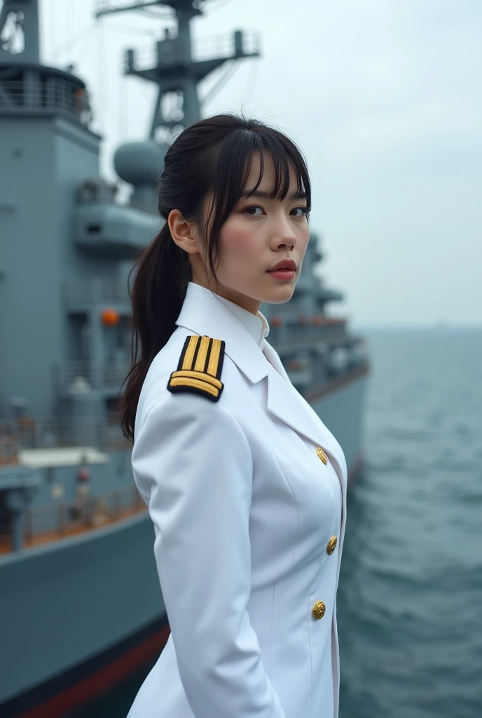 documentary photo, (very beautiful Japanese, famous Japanese idol but captain of the battleship:1.3), wearing a white naval uniform, on a large battleship, ready to battle, monitoring enemy ships, shoot from side 