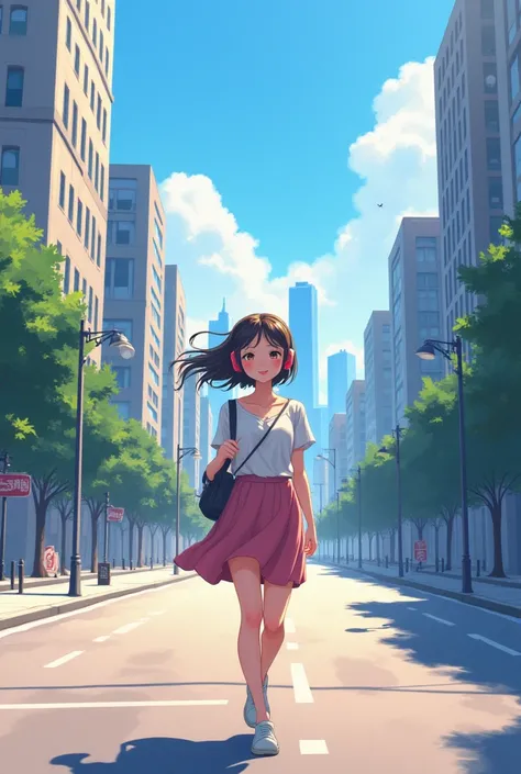 Make me an anime style image of a girl walking down the street with headphones on, the street is empty, she walks down the sidewalk and in the distance you can see the buildings of the city, she looks very happy listening to music, she can be seen full bod...