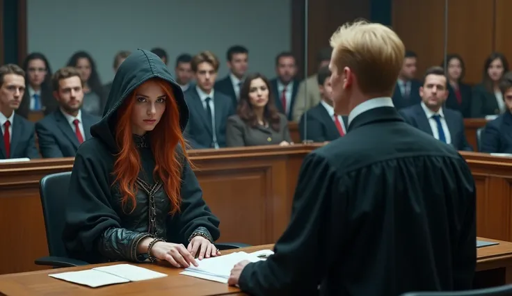 A realistic image of a trial before a German criminal court in the twenty-first century.
On the left side sits the accused. She is an assassin in medieval fantasy clothing with orange hairs and brown eyes. She looks to the camera.
She wears a hood and hand...