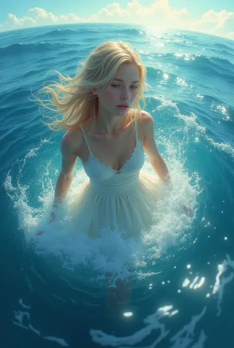 Beautiful girl in white drowning in blue sea 