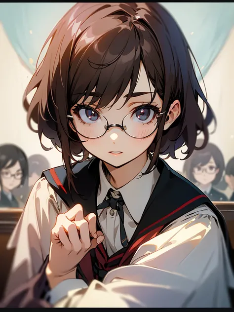 Elder sister, short brown hair, black eyes, glasses, vintage school uniform, focus on the eyes