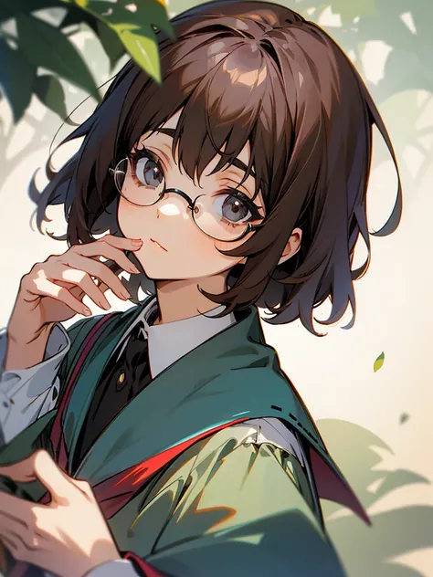 Elder sister, short brown hair, black eyes, glasses, vintage school uniform, focus on the eyes