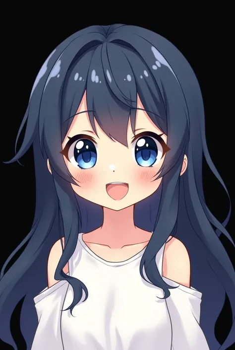 blank black background , Anime girl , blue eyes , friendly eye , dark blue hair , long wavy hair , white open shoulder t-shirt , blank long sleeves t shirt , chibi , happy