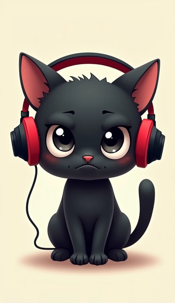 Digital illustration of a small, black cat with large, expressive eyes and a slightly grumpy expression. The cat is wearing oversized red and black headphones, which are connected by a thin wire. The background is a light, neutral color, allowing the cat a...