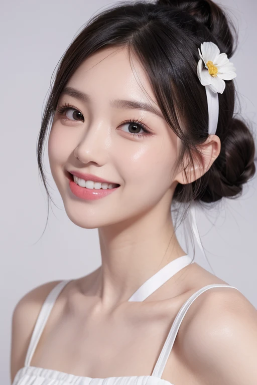 There are stickers on the face., gradient hair, double bun, bangs pinned back, hair ribbon, hairband, hair bow, forehead mark, flower on head, hollow eyes, sparkling eyes, smile, tongue out, seductive smile, upper teeth, fang, Realism, high detail, clair o...