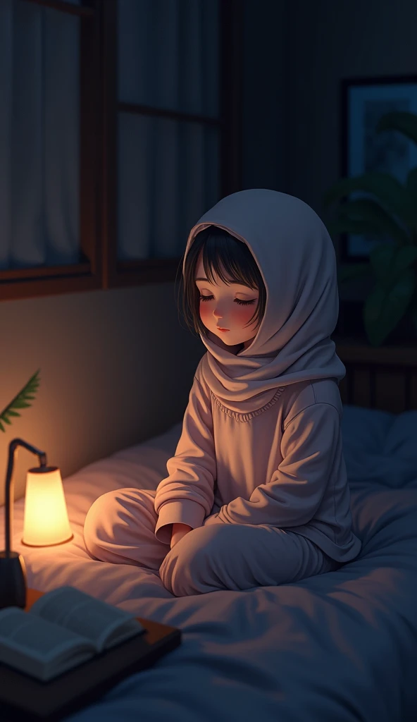 a teenage  girl wearing pajamas  with hair cover hijab , in a dark room (no light) the only light is from reading lamp,  she seems so peacefully, 2D anime style, 