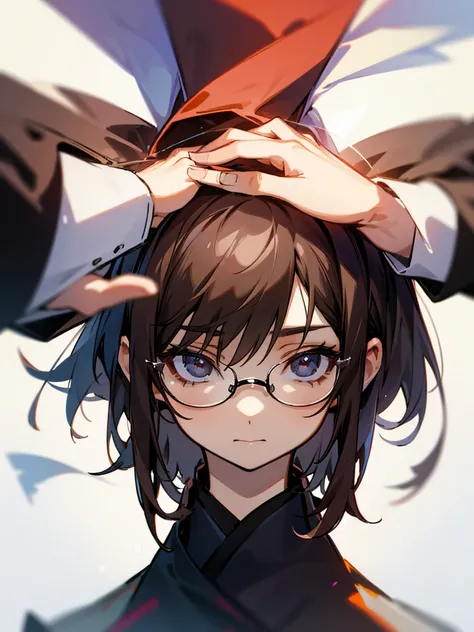 Elder sister, short brown hair, black eyes, wearing glasses, student uniform, focus on the eyes