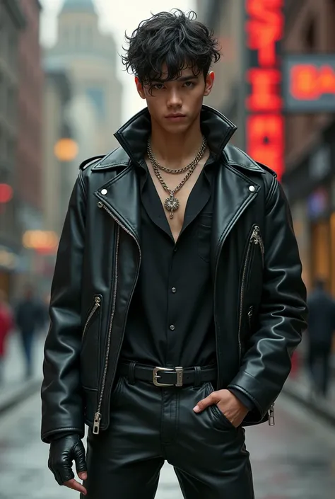 Teenager man wearing white stockings, black leotard, black leather jacket, black gloves and boots