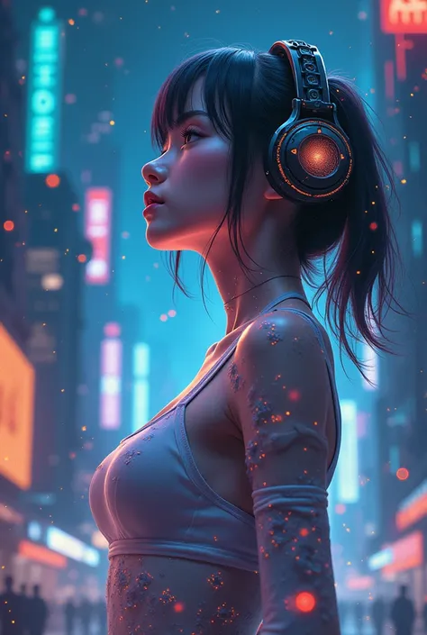 A woman listening music in cyperpunk anime world with music control button in her body