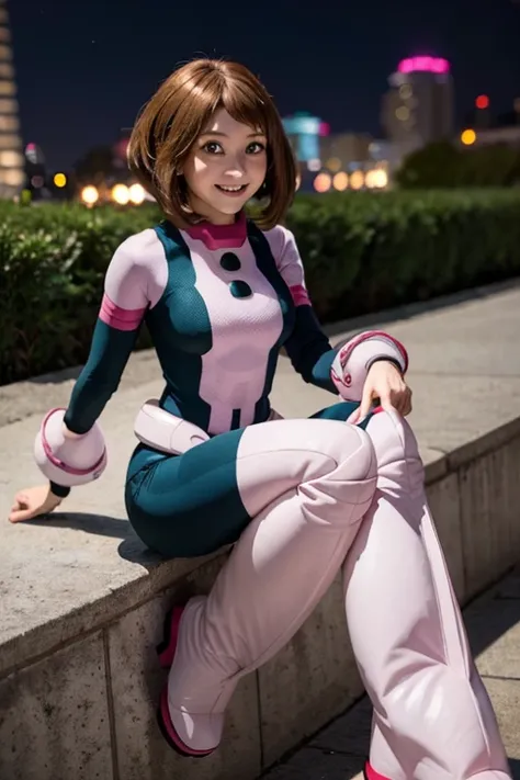 hyper realistic, full body, 1girl, ((levitating)), smile, teen, hands on fist, beautiful face, perfect, white skin, masterpiece, best quality, highres, short hair, modeling, natural pose, ochako, brown hair, on the rooftop, superhero, bodysuit, boots, Clas...