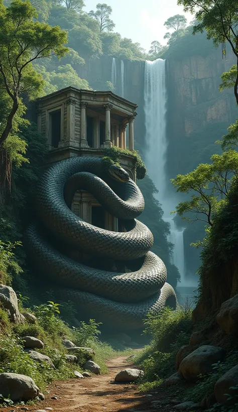 giant anaconda snake wrapped around abandoned building in jungle and waterfall