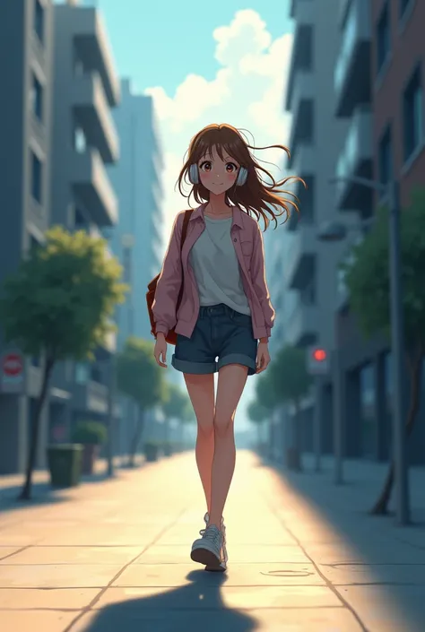 Make me an anime style image of a girl walking down the street with headphones on, the street is empty, she walks down the sidewalk and in the distance you can see the buildings of the city, she looks very happy listening to music, she looks full body, the...