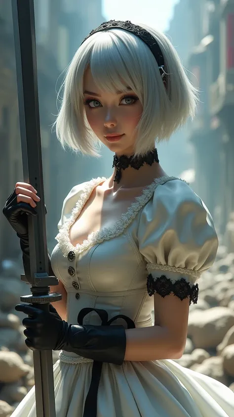 yorha 2b automaton, short silver hair with bangs and a black headband, wearing a detailed white dress with puffed sleeves and lace trim, holding a sword, standing in a dynamic pose, looking off to the side, smooth skin, dark and dramatic background with fl...