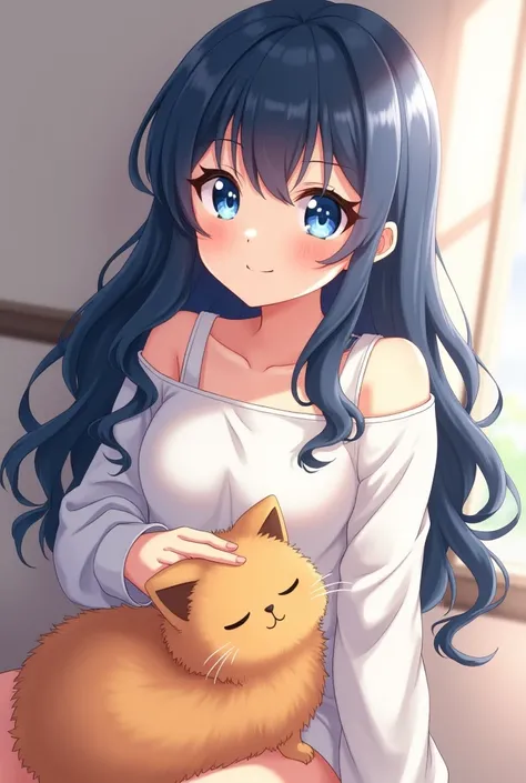  Anime girl , blue eyes , friendly eye , dark blue hair , long wavy hair , white open shoulder t-shirt , blank long sleeves t shirt , patting a fluffy cat , orange cat