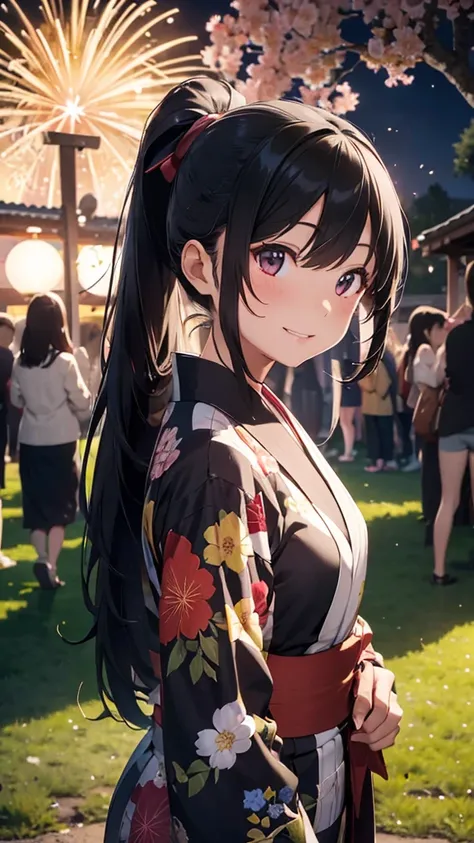 High resolution, accurate, masterpiece, high quality, High-resolution model, One girl, solo, Long Hair, smile, Black Hair, ponytail, under the cherry tree,yukata,Are standing,whole body,festival,firework,crowd,stall