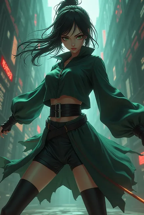 Anime nija in dark girl green eyes different style action