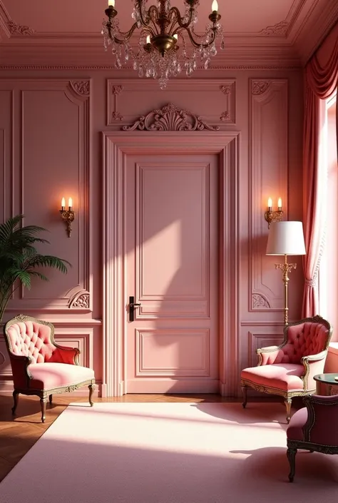 Closed door side of a rich pink room, with rich people&#39;s furniture next to it